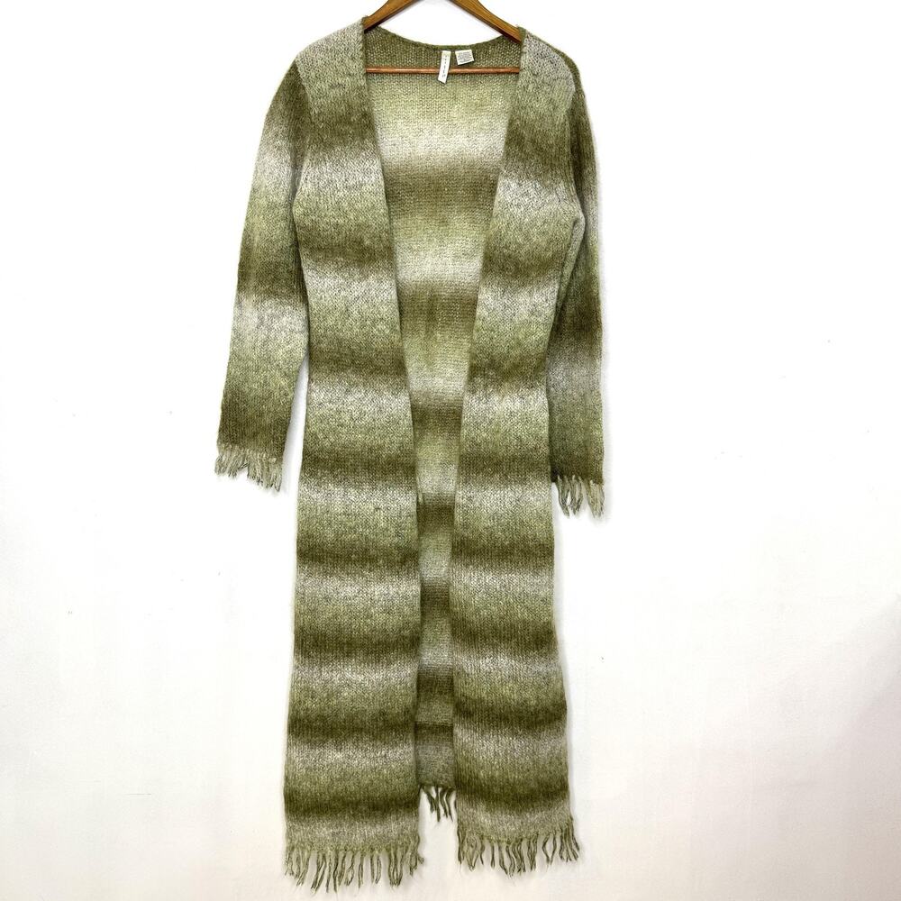 Twiggy Cardigan Sweater Womens XL Green Mohair Fringe Duster Striped Open